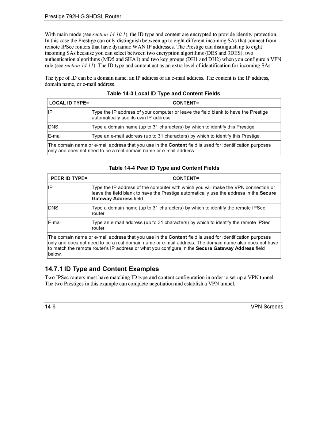 ZyXEL Communications 792H ID Type and Content Examples, Local ID Type and Content Fields, Peer ID Type and Content Fields 