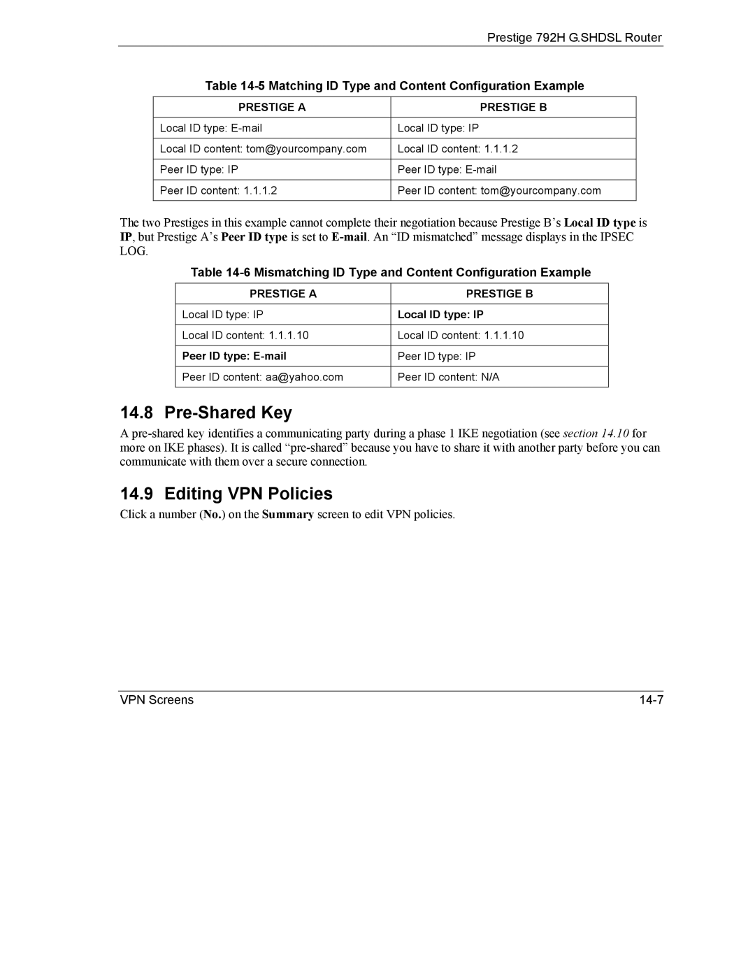 ZyXEL Communications 792H manual Pre-Shared Key, Editing VPN Policies, Matching ID Type and Content Configuration Example 