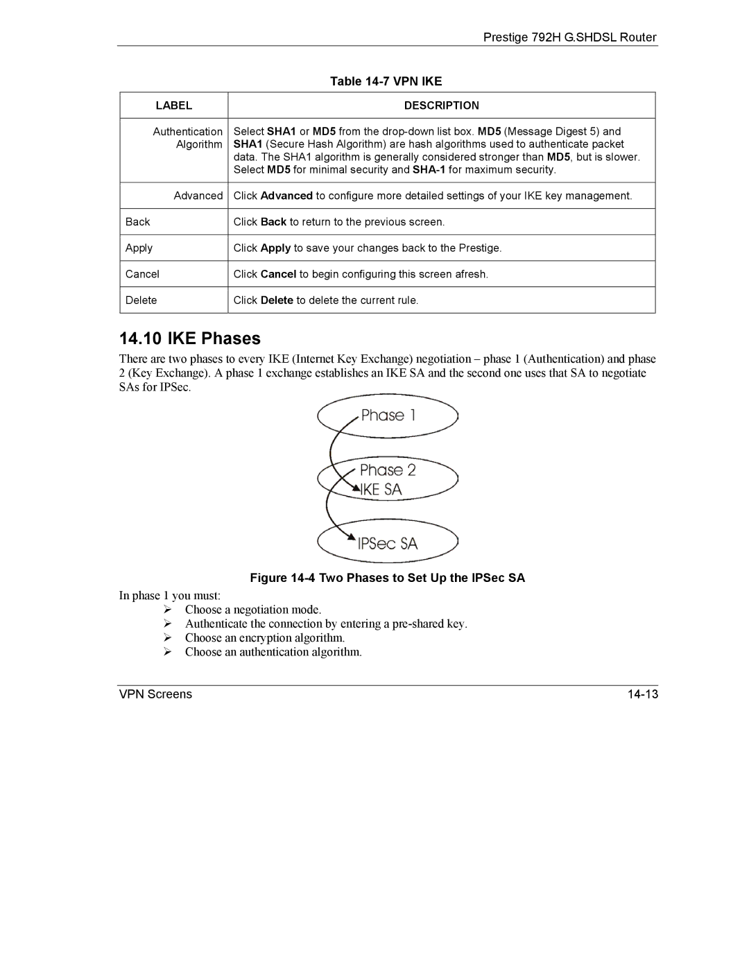 ZyXEL Communications 792H manual IKE Phases, Two Phases to Set Up the IPSec SA 