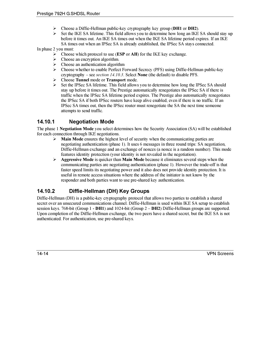 ZyXEL Communications 792H manual Negotiation Mode, Diffie-Hellman DH Key Groups 