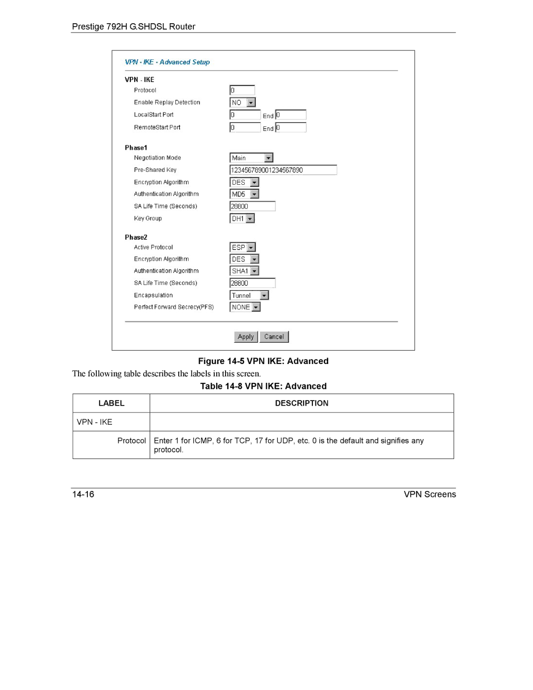 ZyXEL Communications 792H manual VPN IKE Advanced, Label Description VPN IKE 