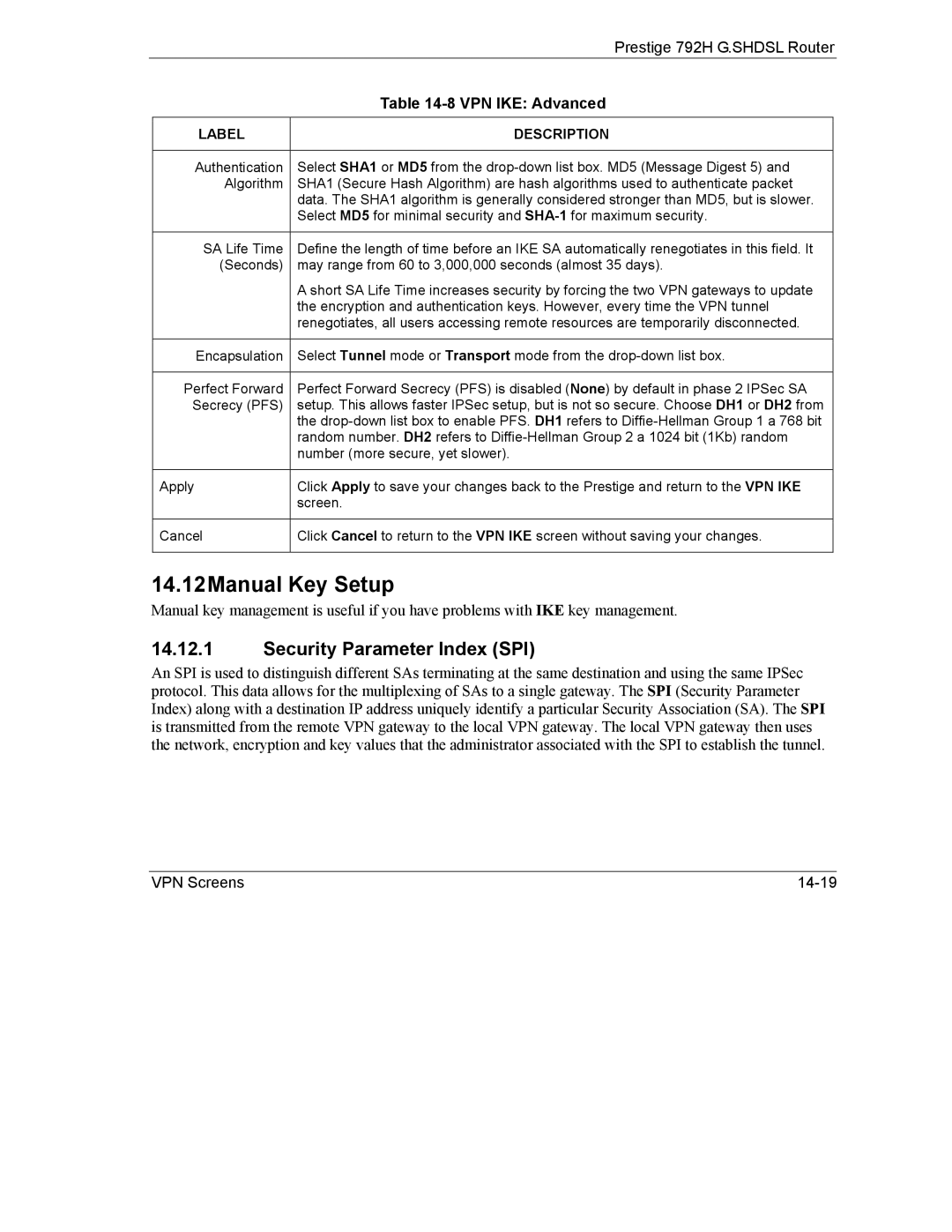 ZyXEL Communications 792H manual 14.12Manual Key Setup, Security Parameter Index SPI 