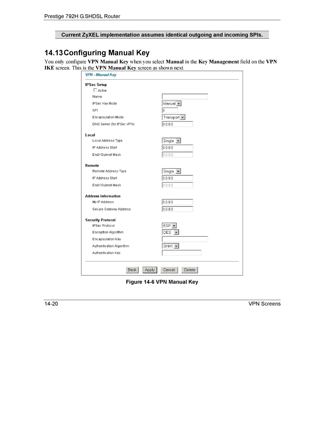 ZyXEL Communications 792H manual 14.13Configuring Manual Key, VPN Manual Key 