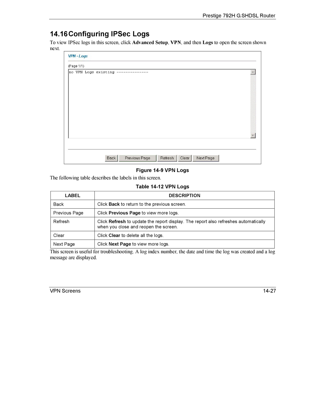 ZyXEL Communications 792H manual 14.16Configuring IPSec Logs, VPN Logs 