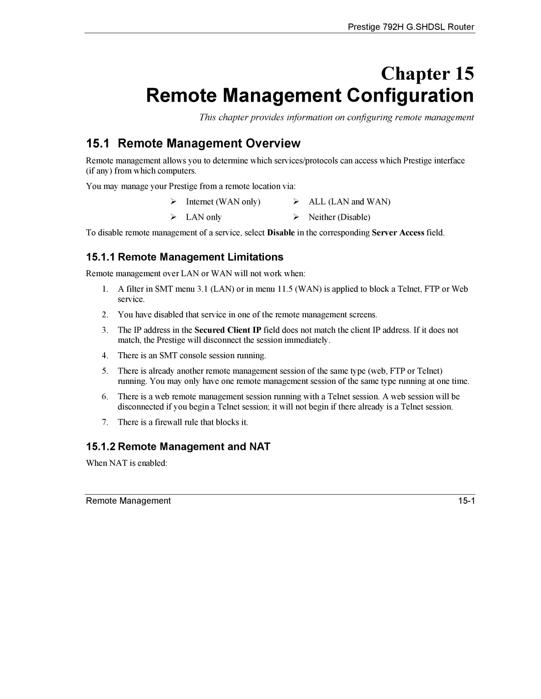 ZyXEL Communications 792H manual Remote Management Configuration, Remote Management Overview, Remote Management Limitations 