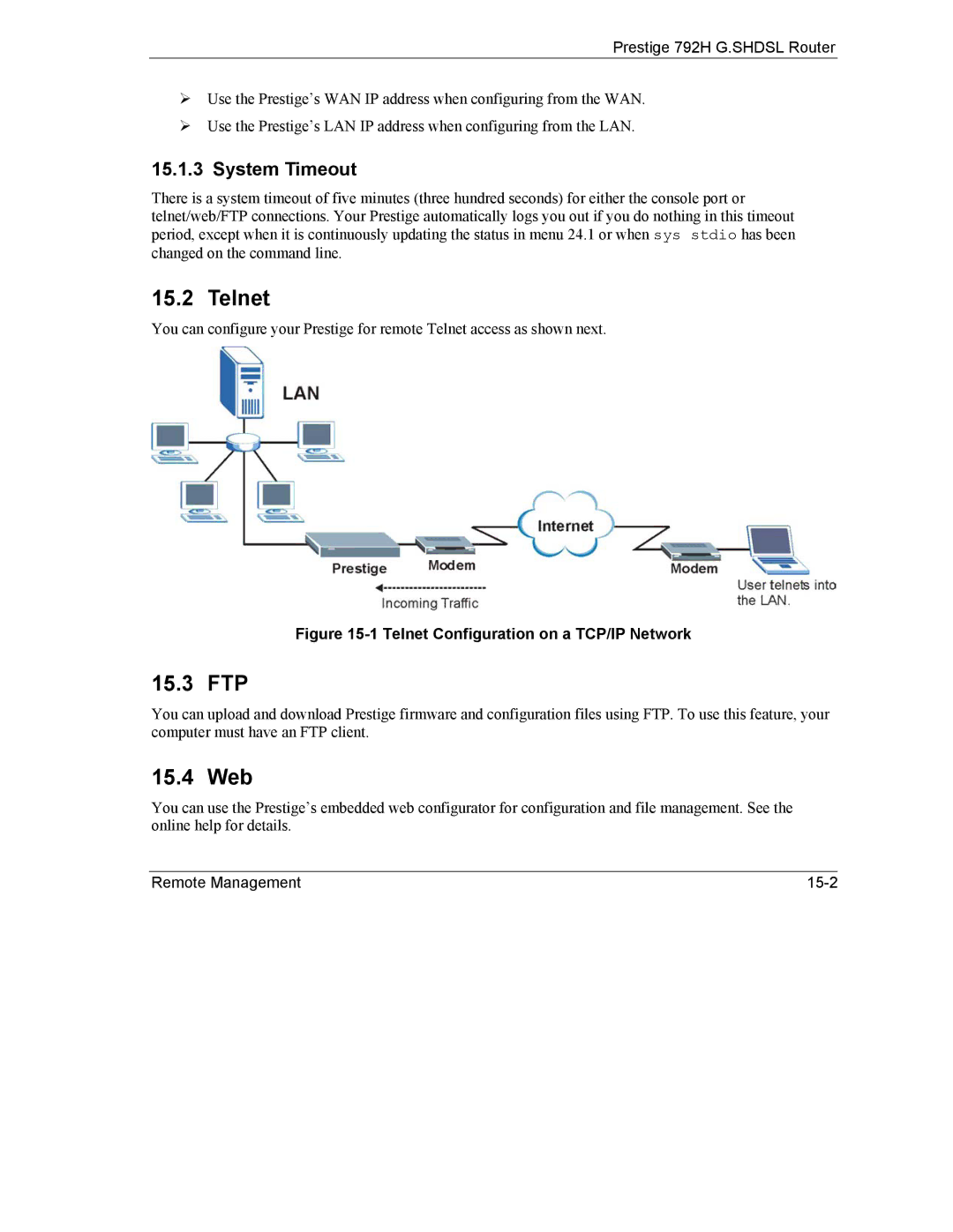 ZyXEL Communications 792H manual Telnet, 15.3 FTP, 15.4 Web, System Timeout 