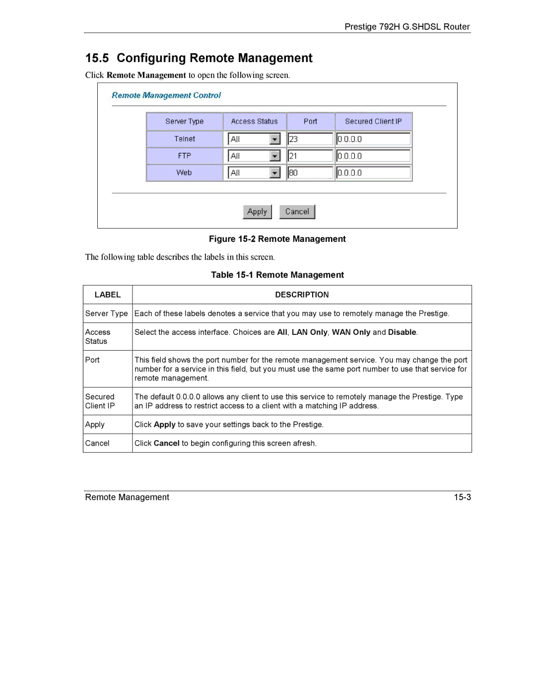 ZyXEL Communications 792H manual Configuring Remote Management 