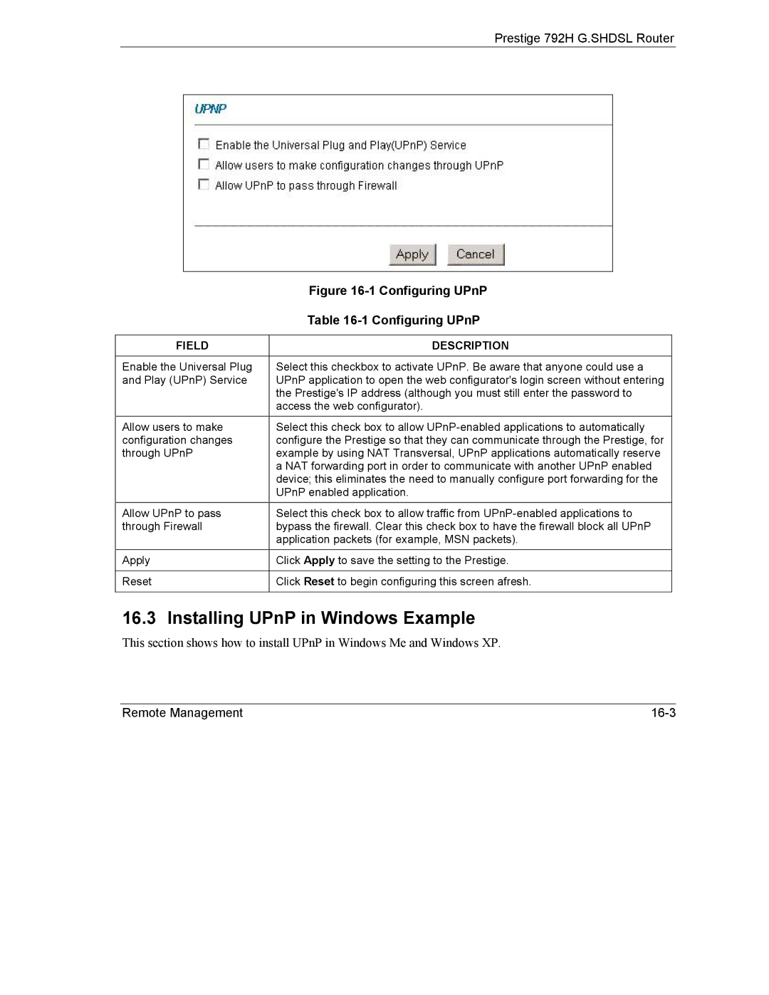 ZyXEL Communications 792H manual Installing UPnP in Windows Example, Field Description 