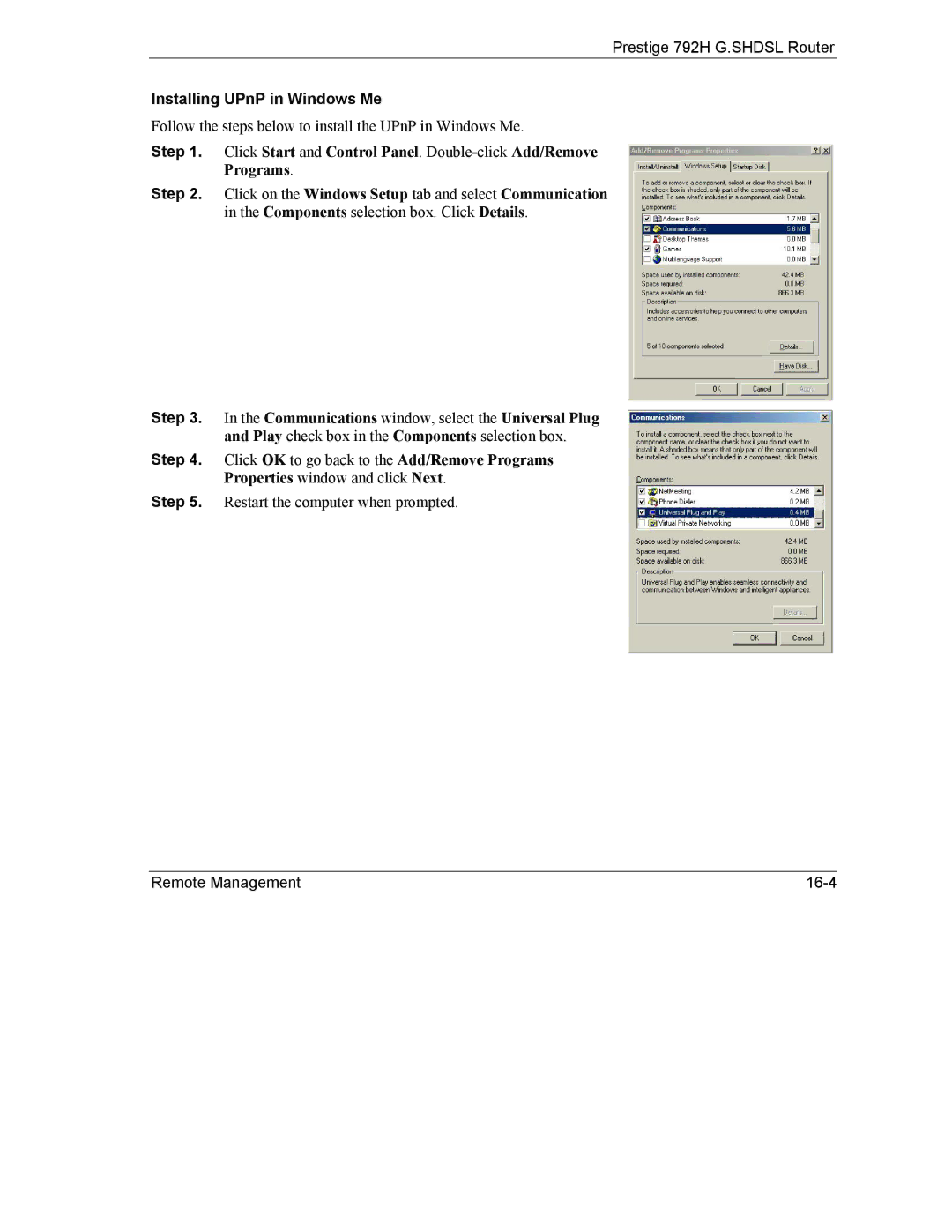 ZyXEL Communications 792H manual Installing UPnP in Windows Me 