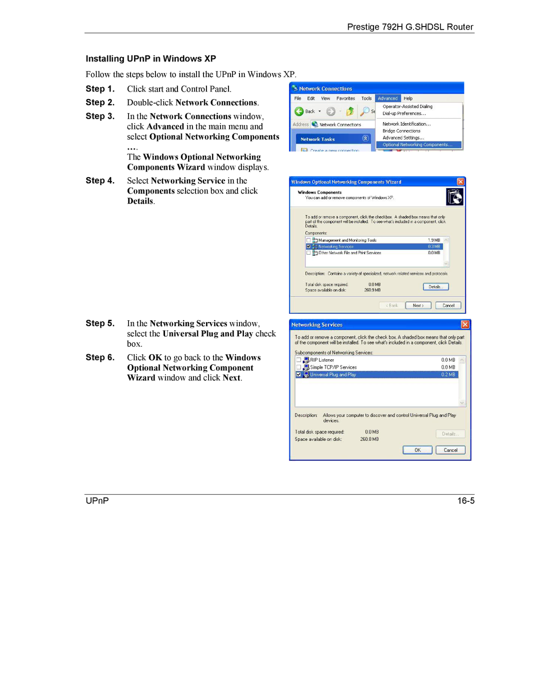 ZyXEL Communications 792H Installing UPnP in Windows XP, Double-clickNetwork Connections, Optional Networking Component 