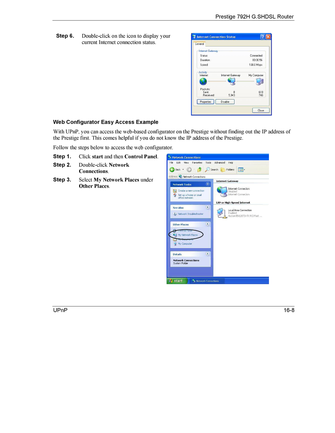 ZyXEL Communications 792H manual Web Configurator Easy Access Example, Click start and then Control Panel 