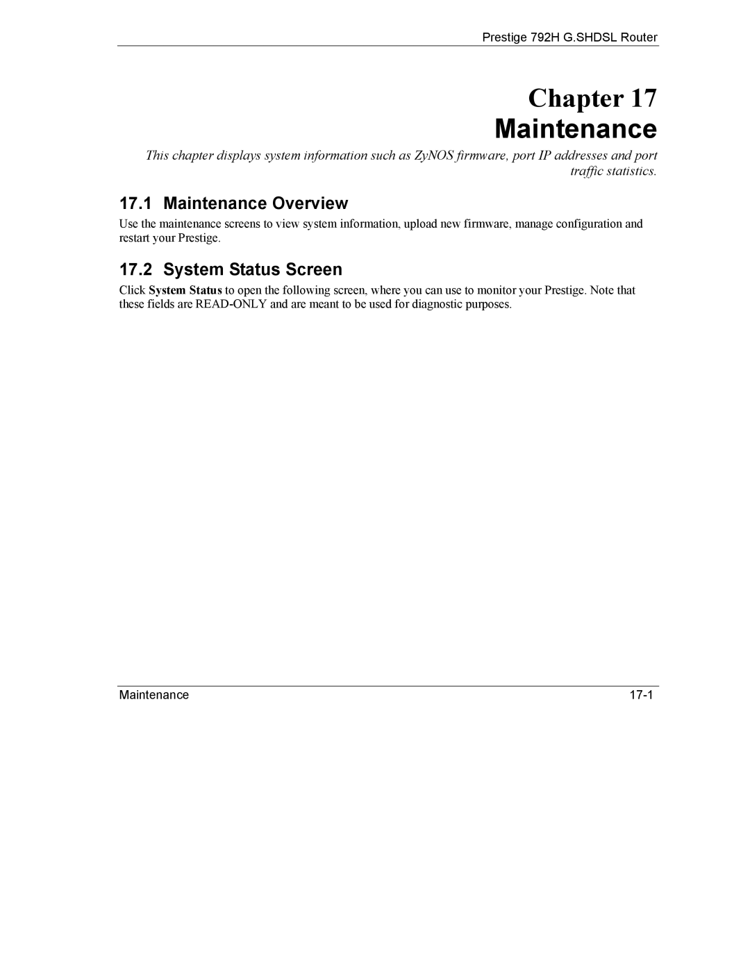 ZyXEL Communications 792H manual Maintenance Overview, System Status Screen 