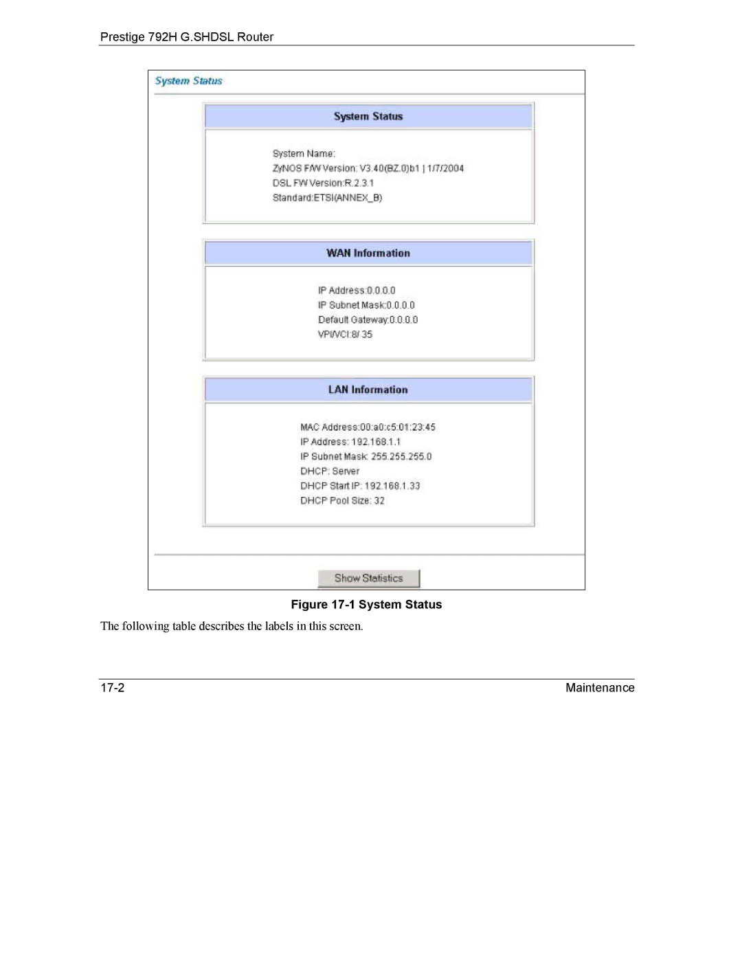 ZyXEL Communications 792H manual System Status 