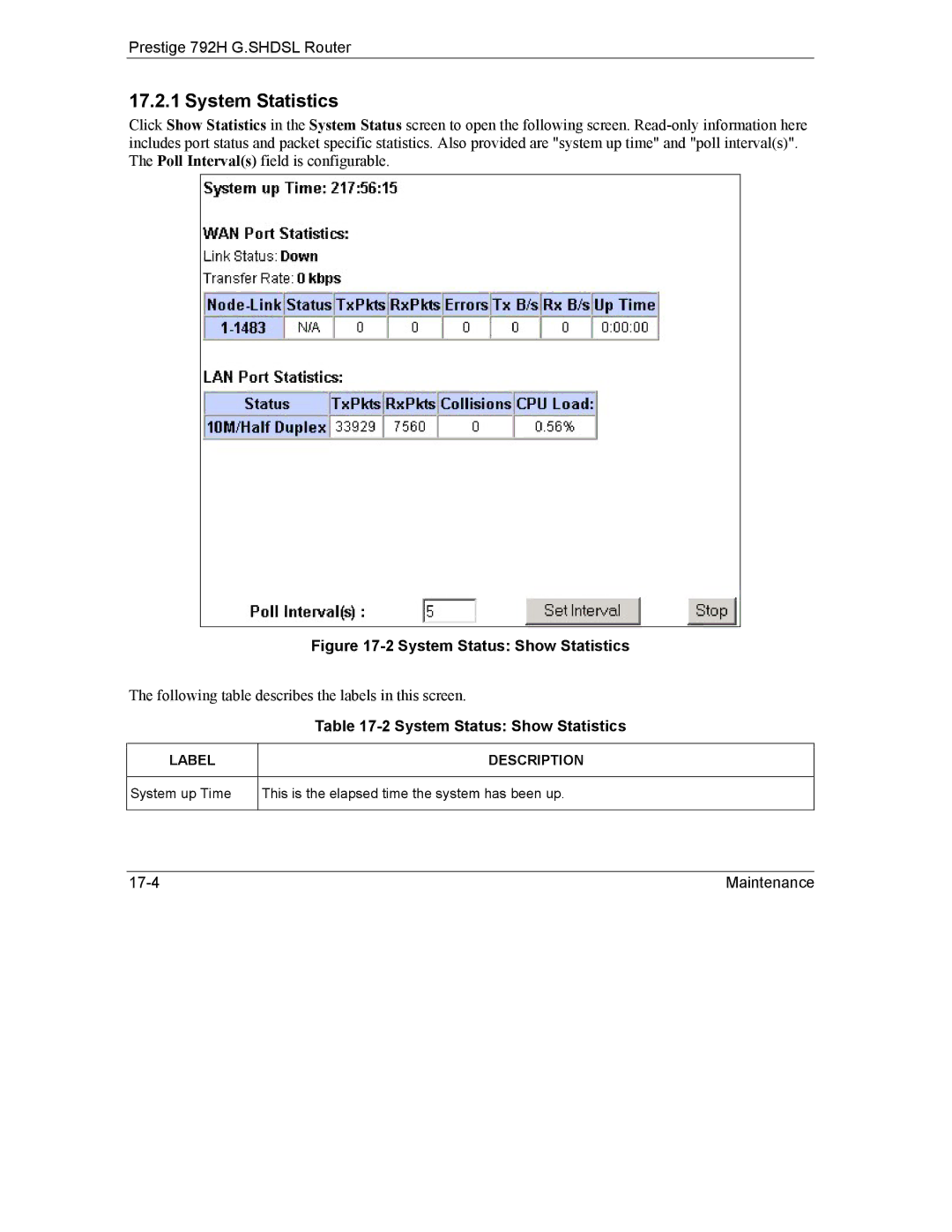 ZyXEL Communications 792H manual System Statistics, System Status Show Statistics 