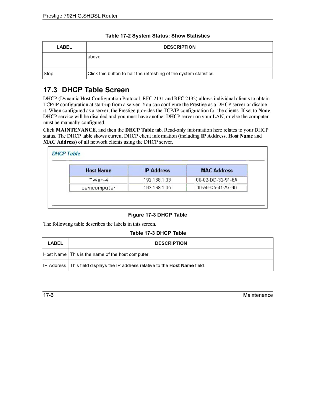 ZyXEL Communications 792H manual Dhcp Table Screen 