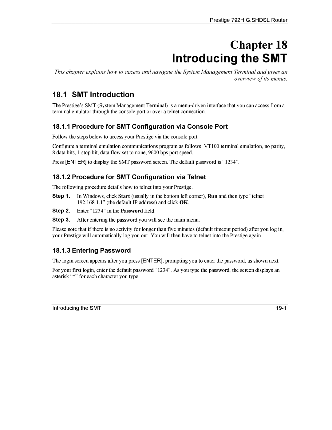 ZyXEL Communications 792H manual Introducing the SMT, SMT Introduction, Procedure for SMT Configuration via Console Port 