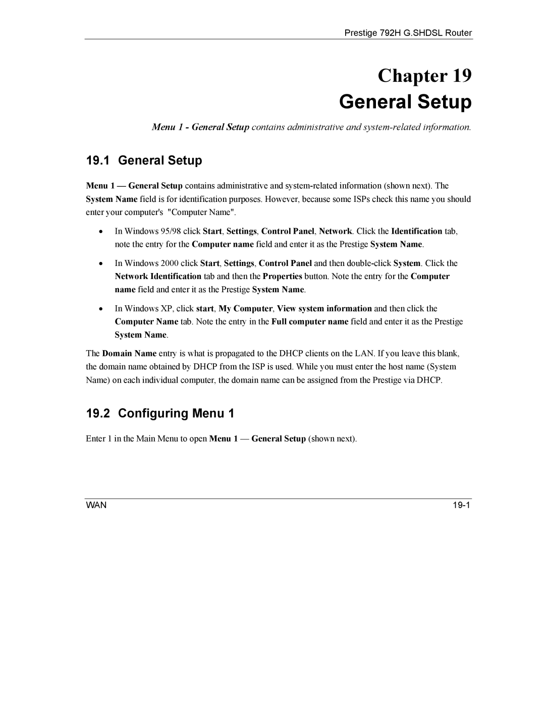 ZyXEL Communications 792H manual General Setup, Configuring Menu 