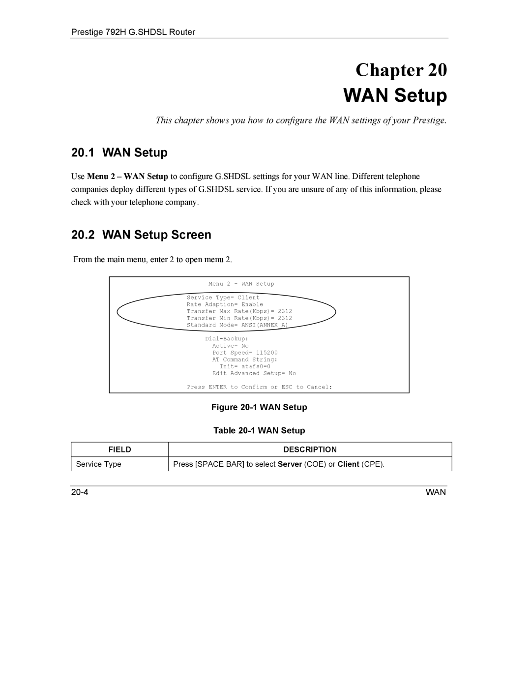 ZyXEL Communications 792H manual WAN Setup Screen, From the main menu, enter 2 to open menu 