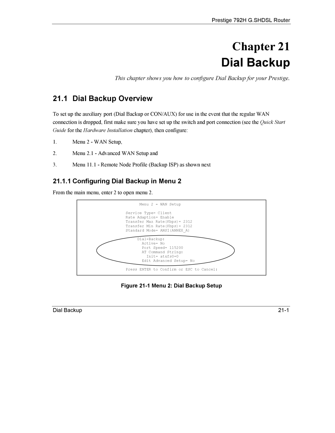 ZyXEL Communications 792H manual Dial Backup Overview, Configuring Dial Backup in Menu 