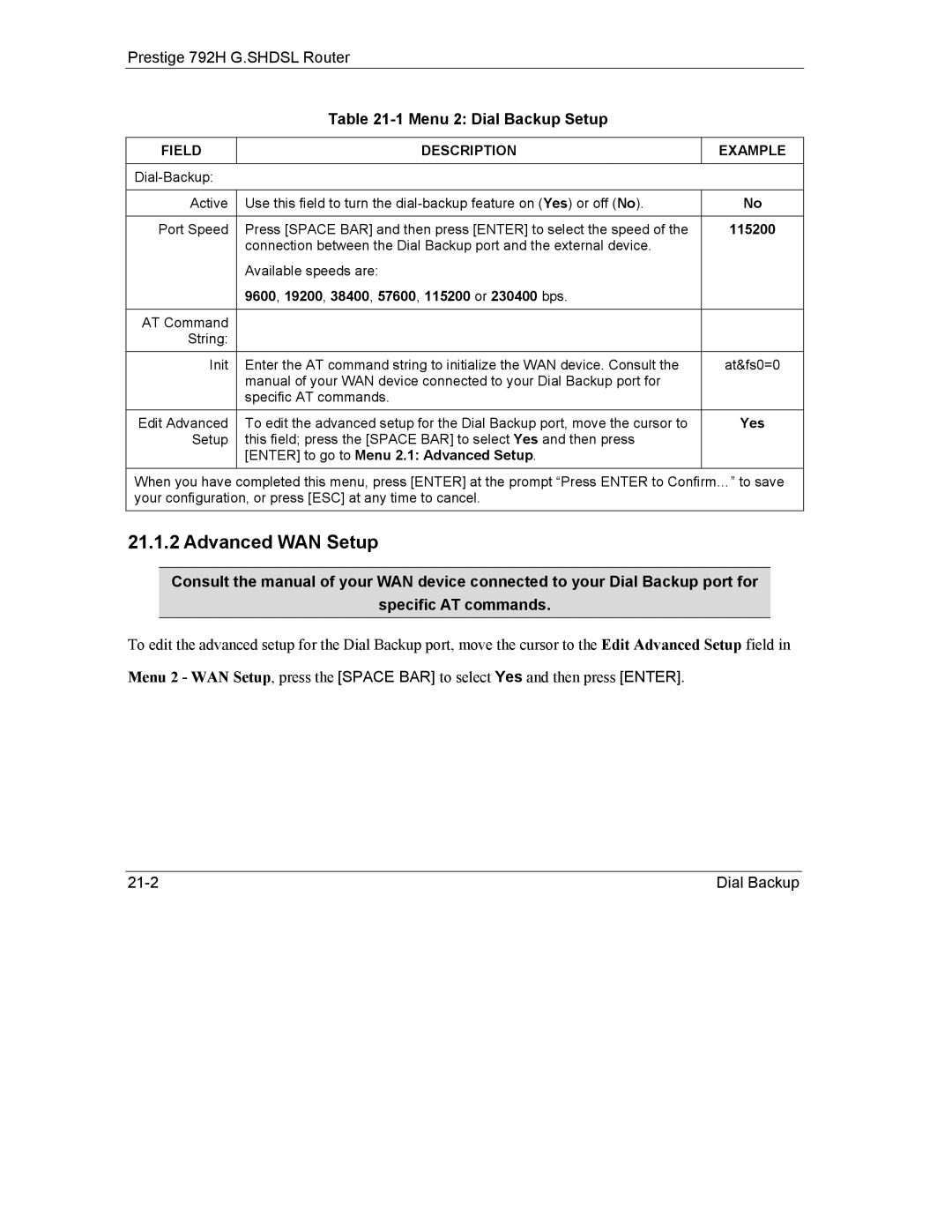 ZyXEL Communications 792H manual Advanced WAN Setup, 9600, 19200, 38400, 57600, 115200 or 230400 bps 