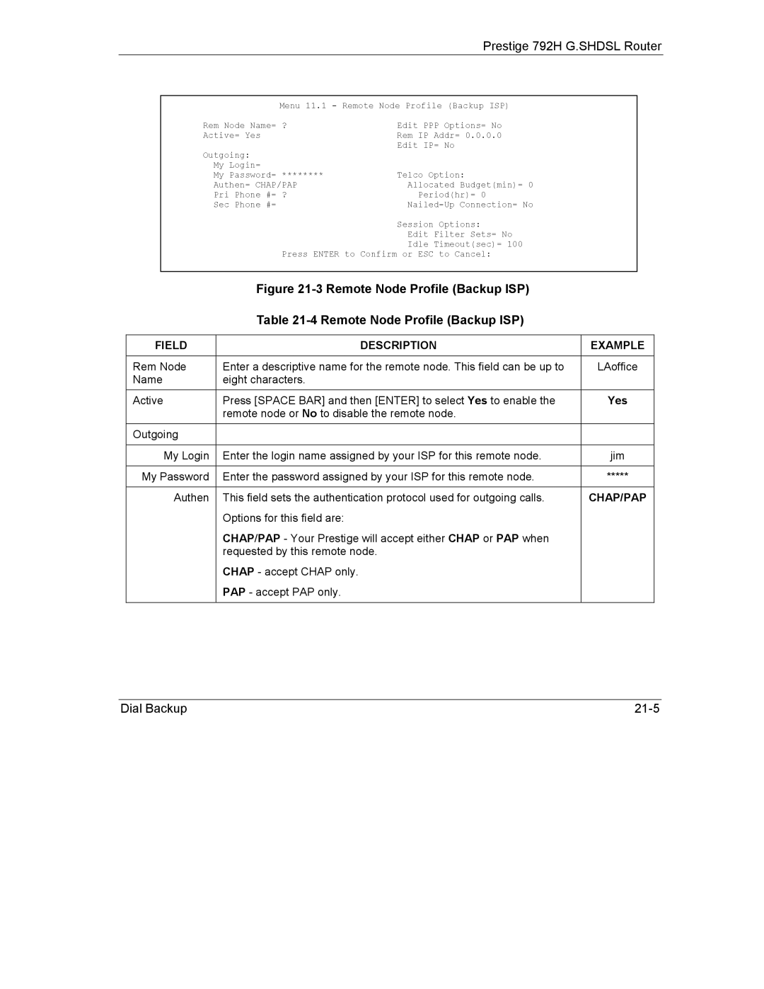 ZyXEL Communications 792H manual Remote Node Profile Backup ISP, Chap/Pap 