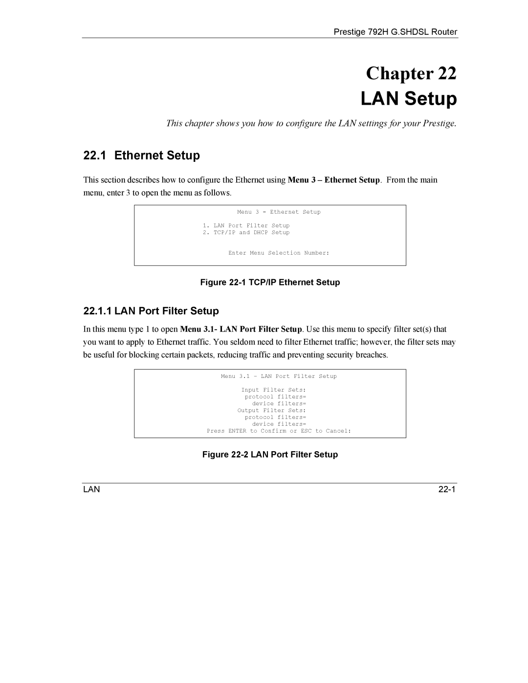 ZyXEL Communications 792H manual Ethernet Setup, LAN Port Filter Setup 