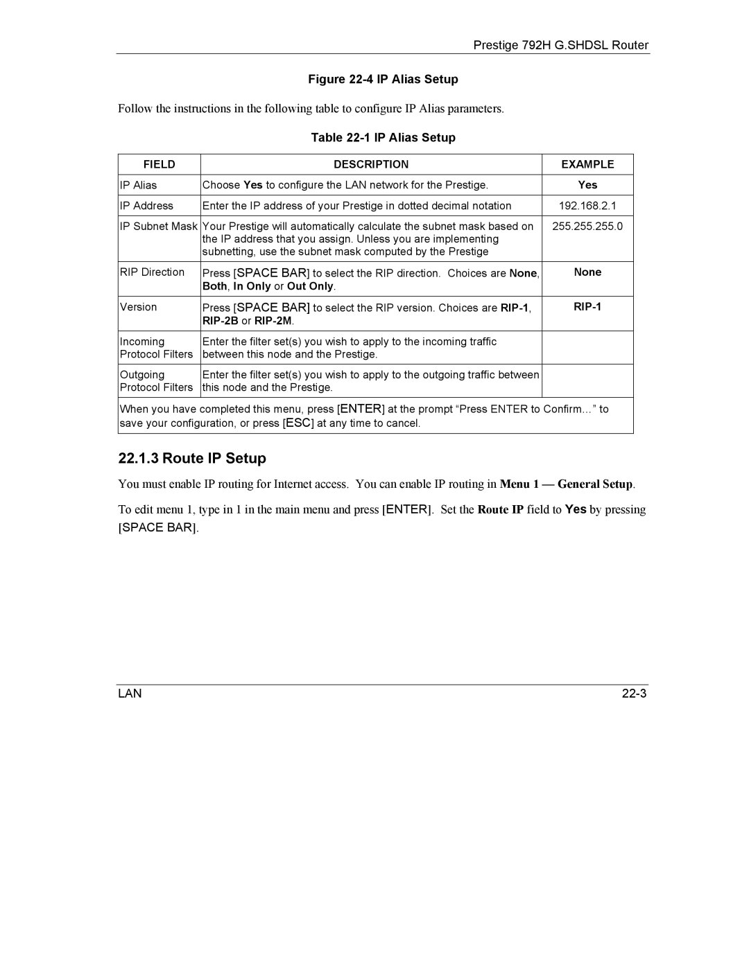 ZyXEL Communications 792H manual Route IP Setup, Both , In Only or Out Only, RIP-2B or RIP-2M 