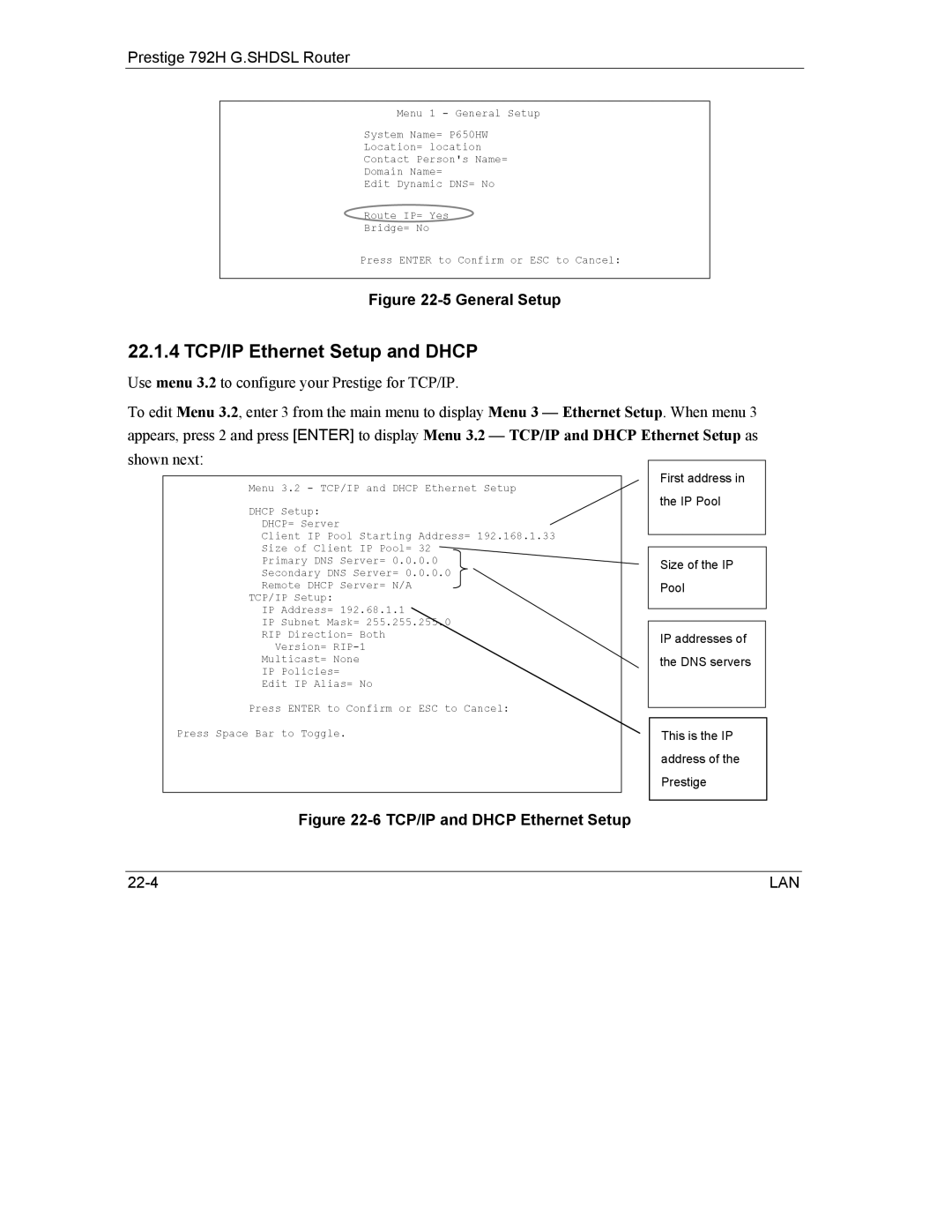 ZyXEL Communications 792H manual 22.1.4 TCP/IP Ethernet Setup and Dhcp, General Setup 