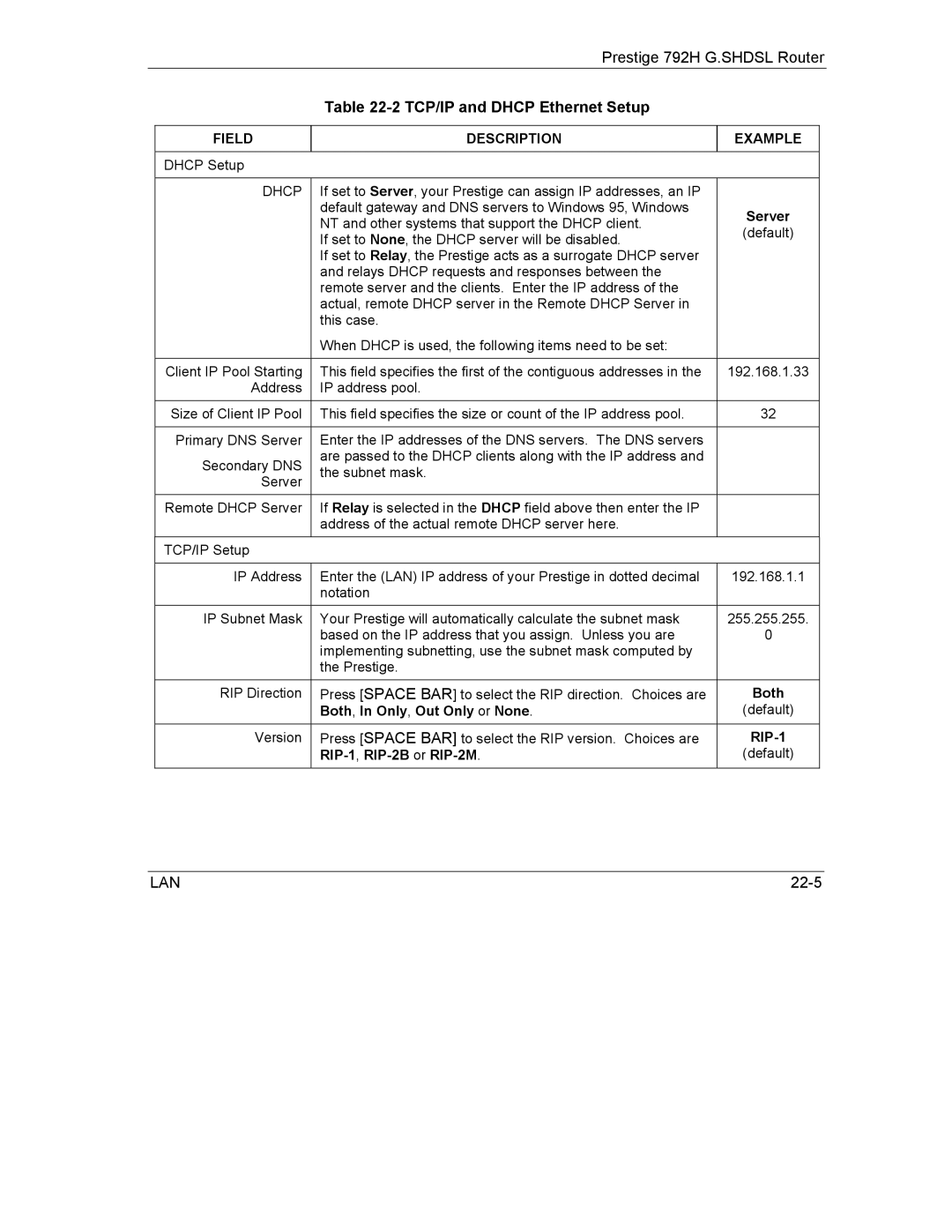 ZyXEL Communications 792H manual Both Both, In Only, Out Only or None, RIP-1,RIP-2B or RIP-2M 