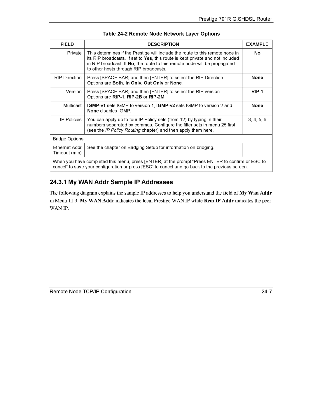 ZyXEL Communications 792H manual My WAN Addr Sample IP Addresses, Options are Both, In Only, Out Only or None 