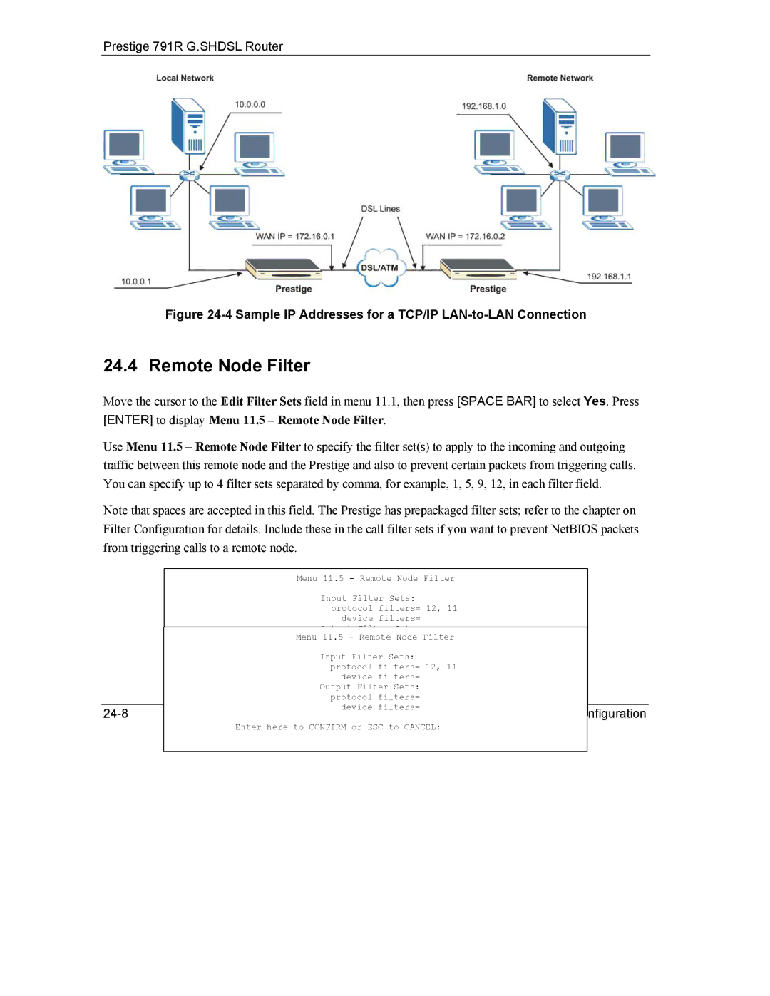 ZyXEL Communications 792H manual Remote Node Filter, Sample IP Addresses for a TCP/IP LAN-to-LAN Connection 