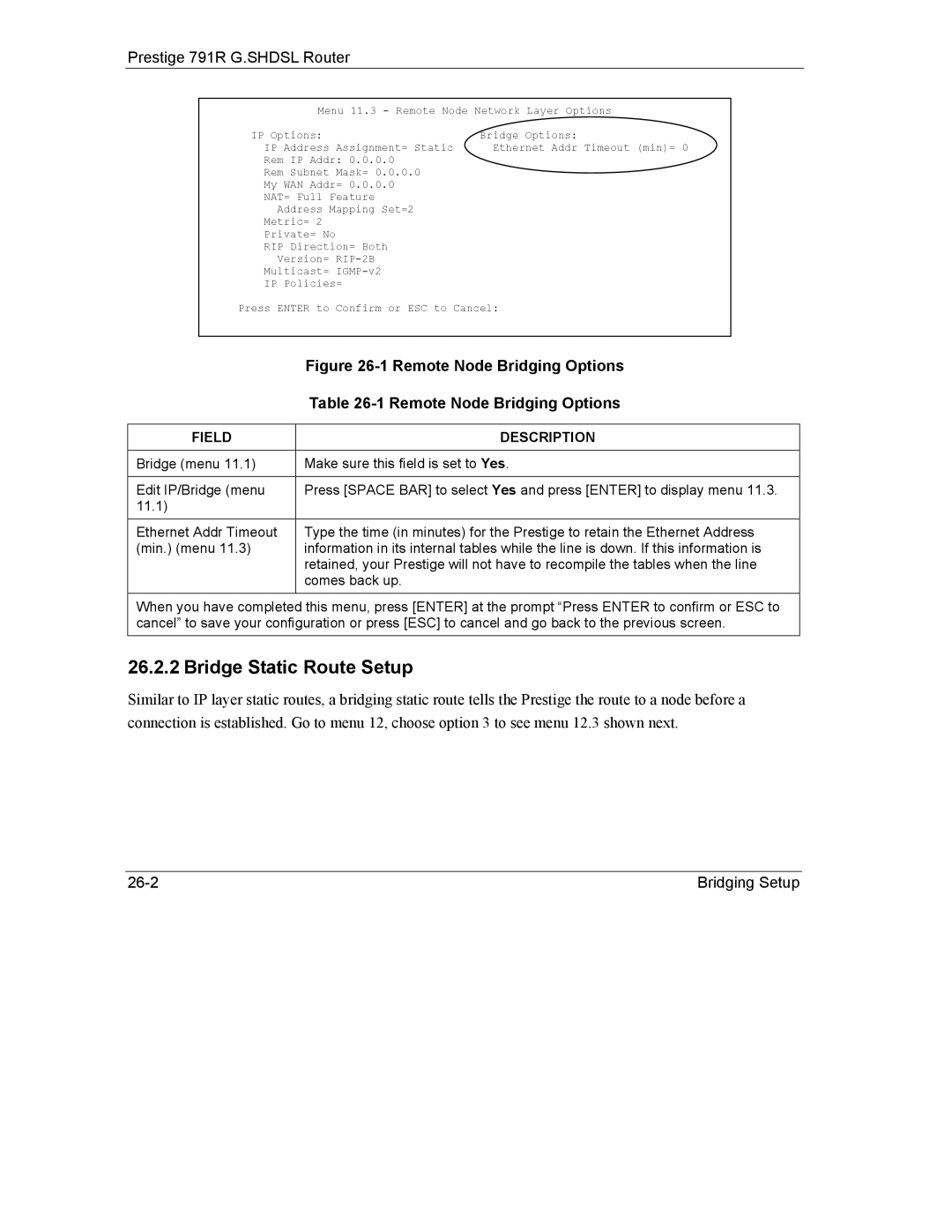 ZyXEL Communications 792H manual Bridge Static Route Setup, Remote Node Bridging Options 