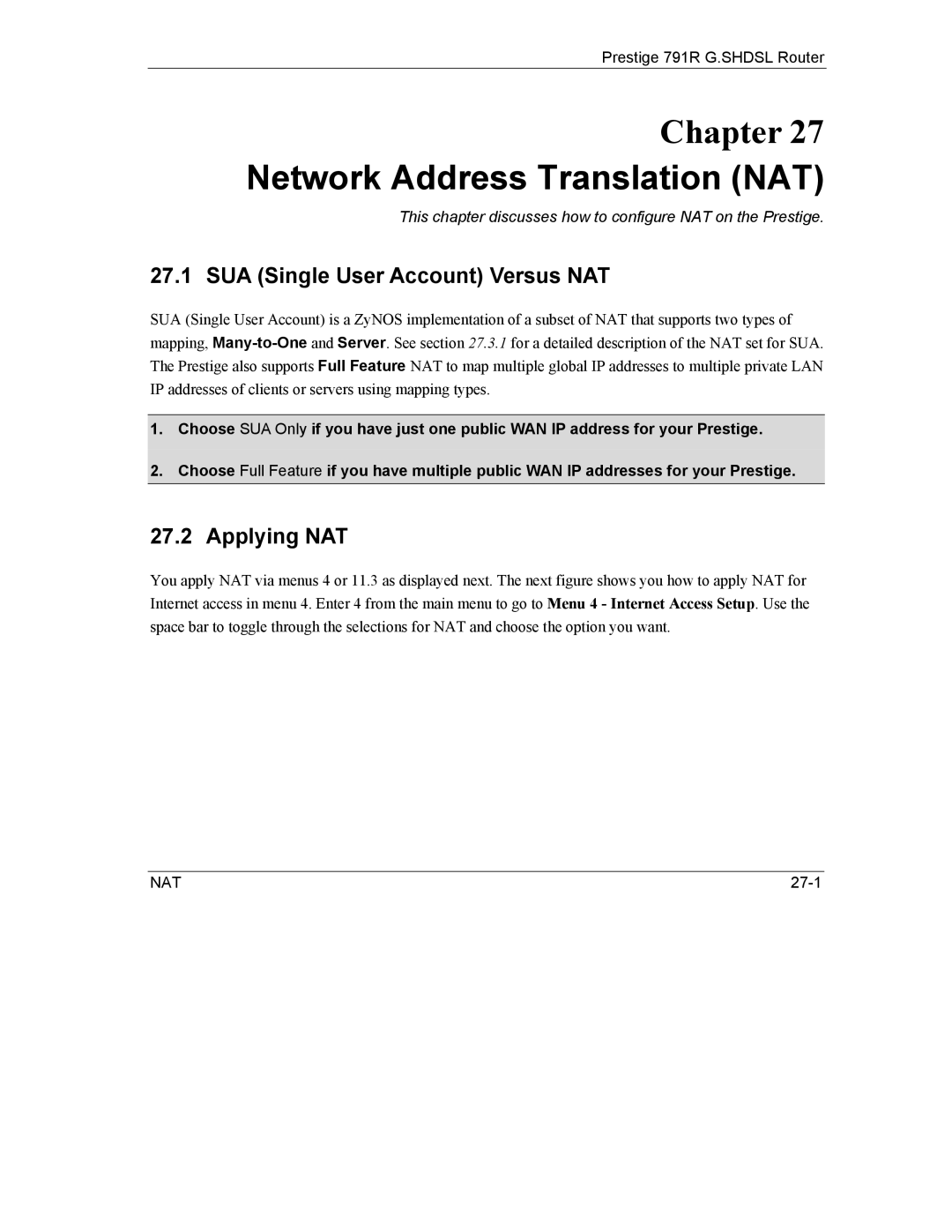 ZyXEL Communications 792H manual Network Address Translation NAT, Applying NAT 