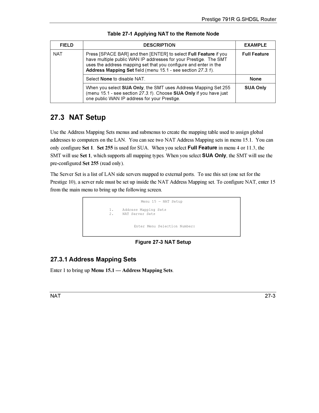 ZyXEL Communications 792H manual NAT Setup, Enter 1 to bring up Menu 15.1 Address Mapping Sets, Full Feature 