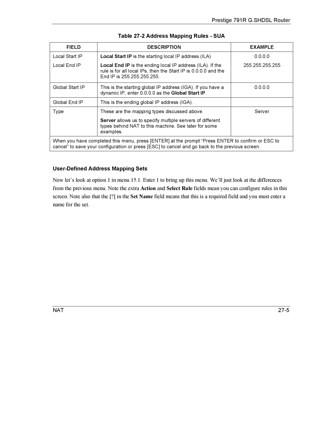 ZyXEL Communications 792H manual User-Defined Address Mapping Sets 