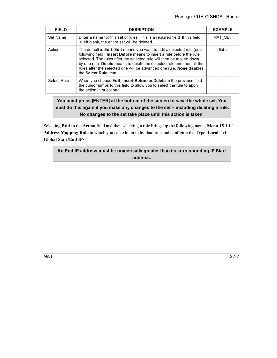 ZyXEL Communications 792H manual Global Start/End IPs, Edit, Select Rule item 