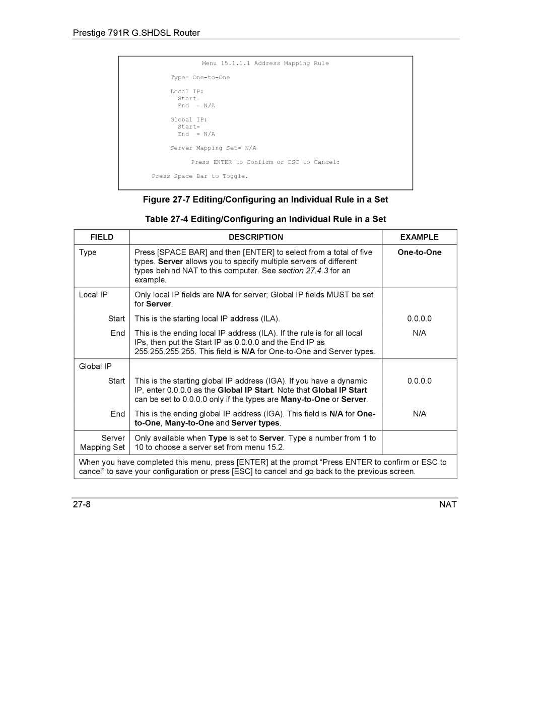 ZyXEL Communications 792H manual One-to-One, For Server, To-One,Many-to-One and Server types 