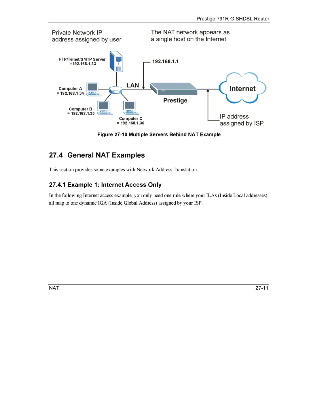 ZyXEL Communications 792H manual General NAT Examples, Example 1 Internet Access Only 