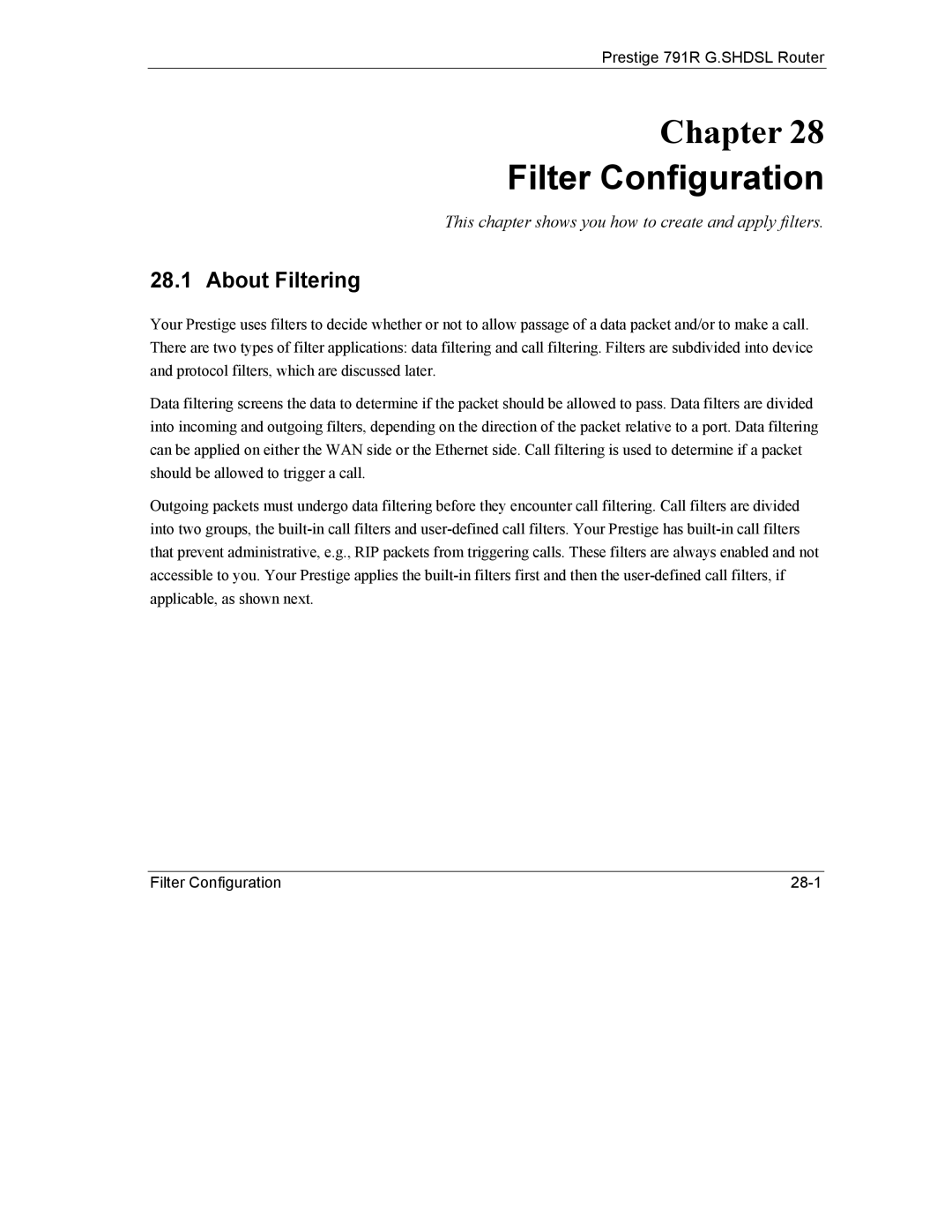 ZyXEL Communications 792H manual Filter Configuration, About Filtering 