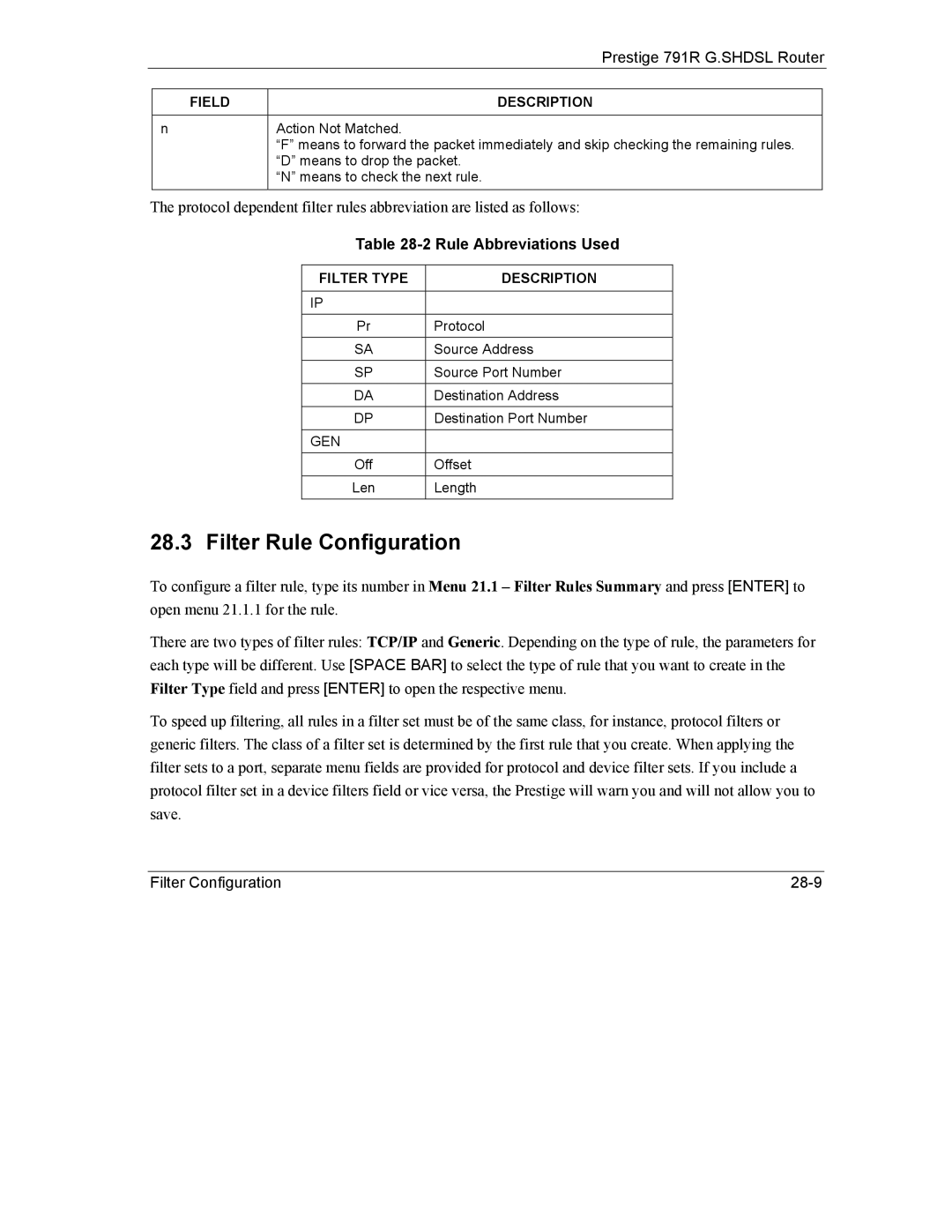 ZyXEL Communications 792H manual Filter Rule Configuration, Rule Abbreviations Used, Filter Type Description, Gen 