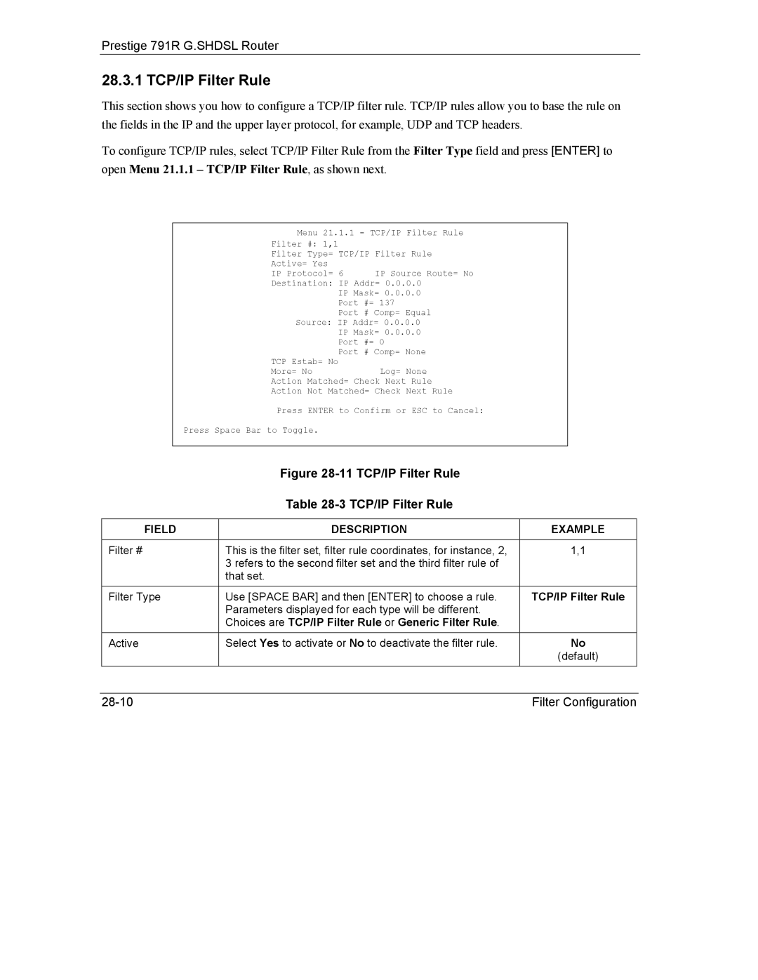 ZyXEL Communications 792H manual 28.3.1 TCP/IP Filter Rule, Choices are TCP/IP Filter Rule or Generic Filter Rule 