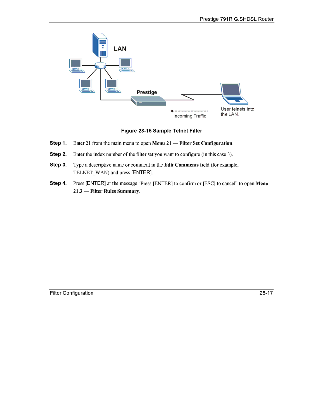 ZyXEL Communications 792H manual Sample Telnet Filter 