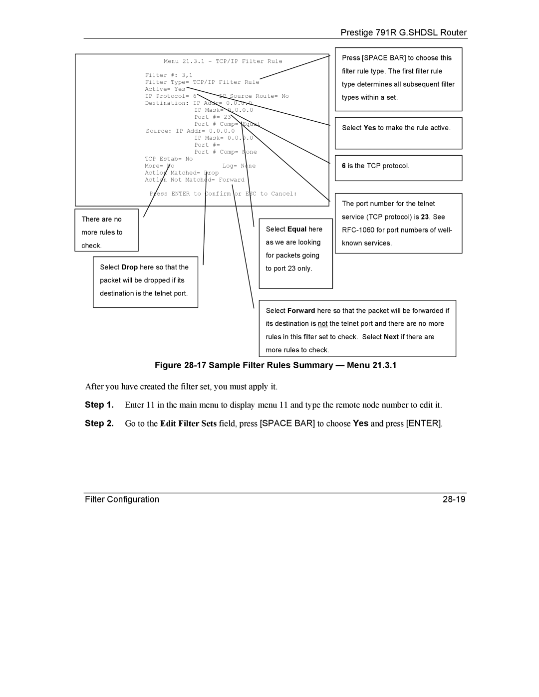 ZyXEL Communications 792H manual Sample Filter Rules Summary Menu 