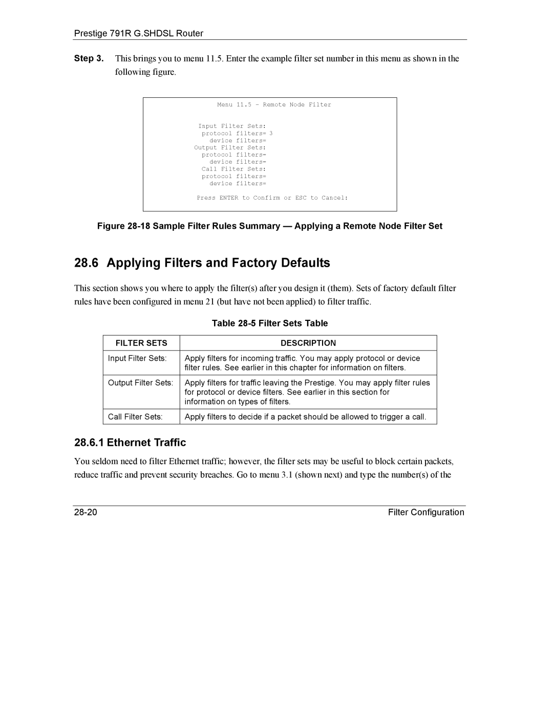 ZyXEL Communications 792H manual Applying Filters and Factory Defaults, Ethernet Traffic, Filter Sets Table 