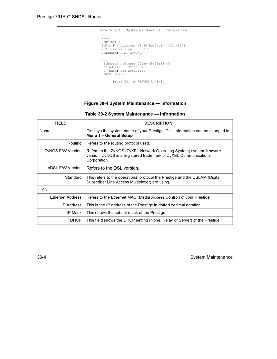 ZyXEL Communications 792H manual Menu 1 General Setup, Lan 