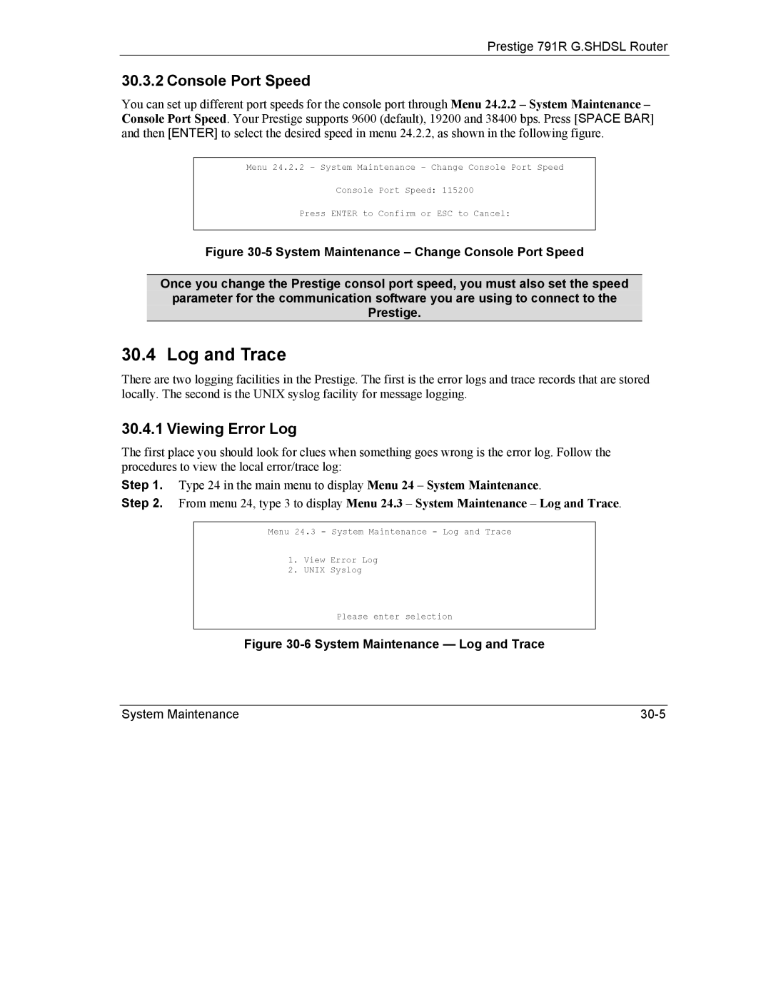 ZyXEL Communications 792H manual Log and Trace, Console Port Speed, Viewing Error Log 