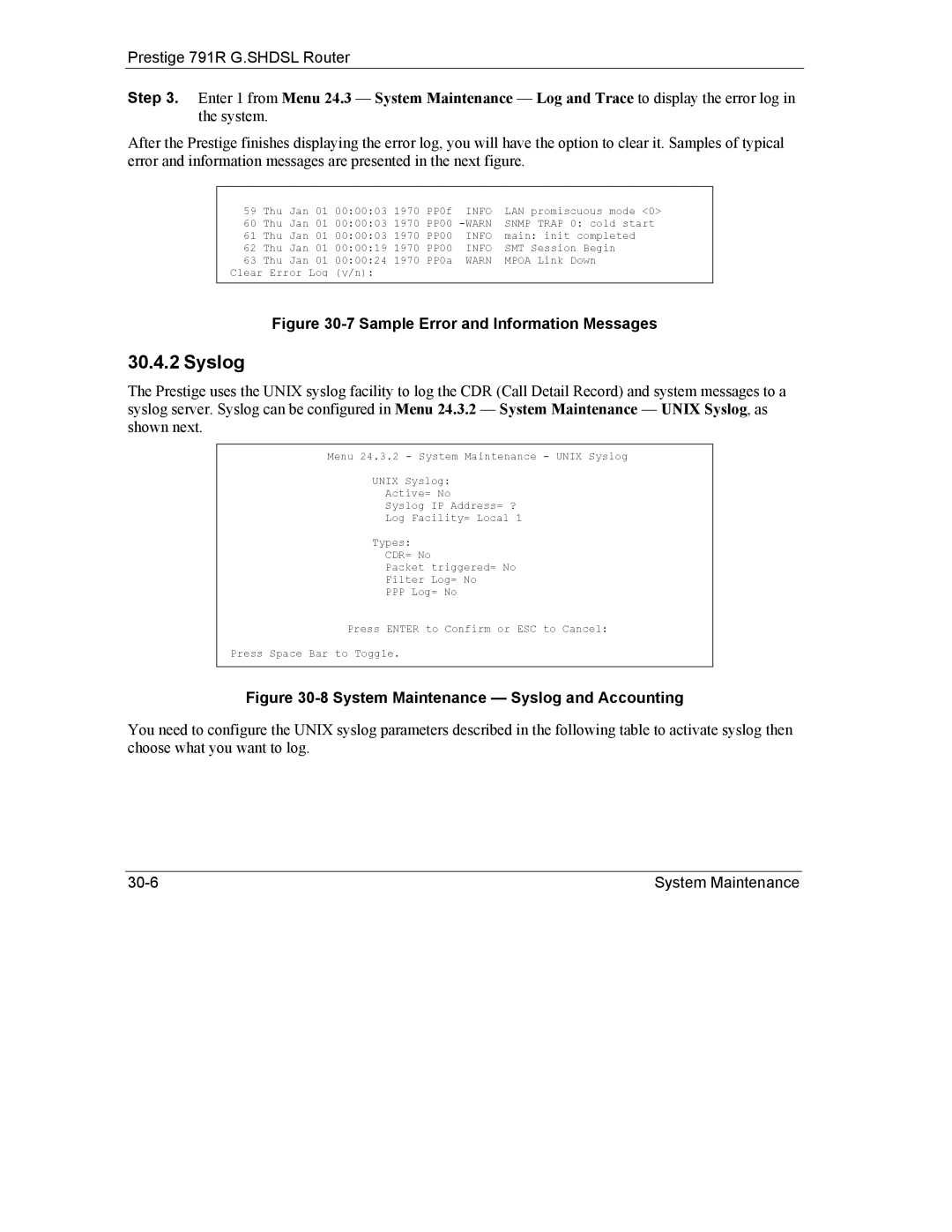 ZyXEL Communications 792H manual Syslog, Sample Error and Information Messages 