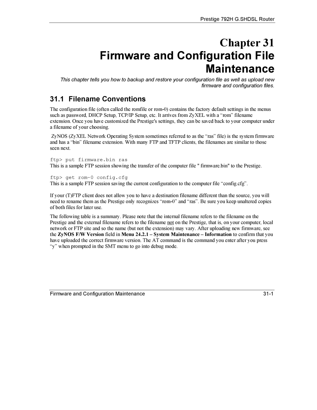 ZyXEL Communications 792H manual Firmware and Configuration File Maintenance, Filename Conventions 