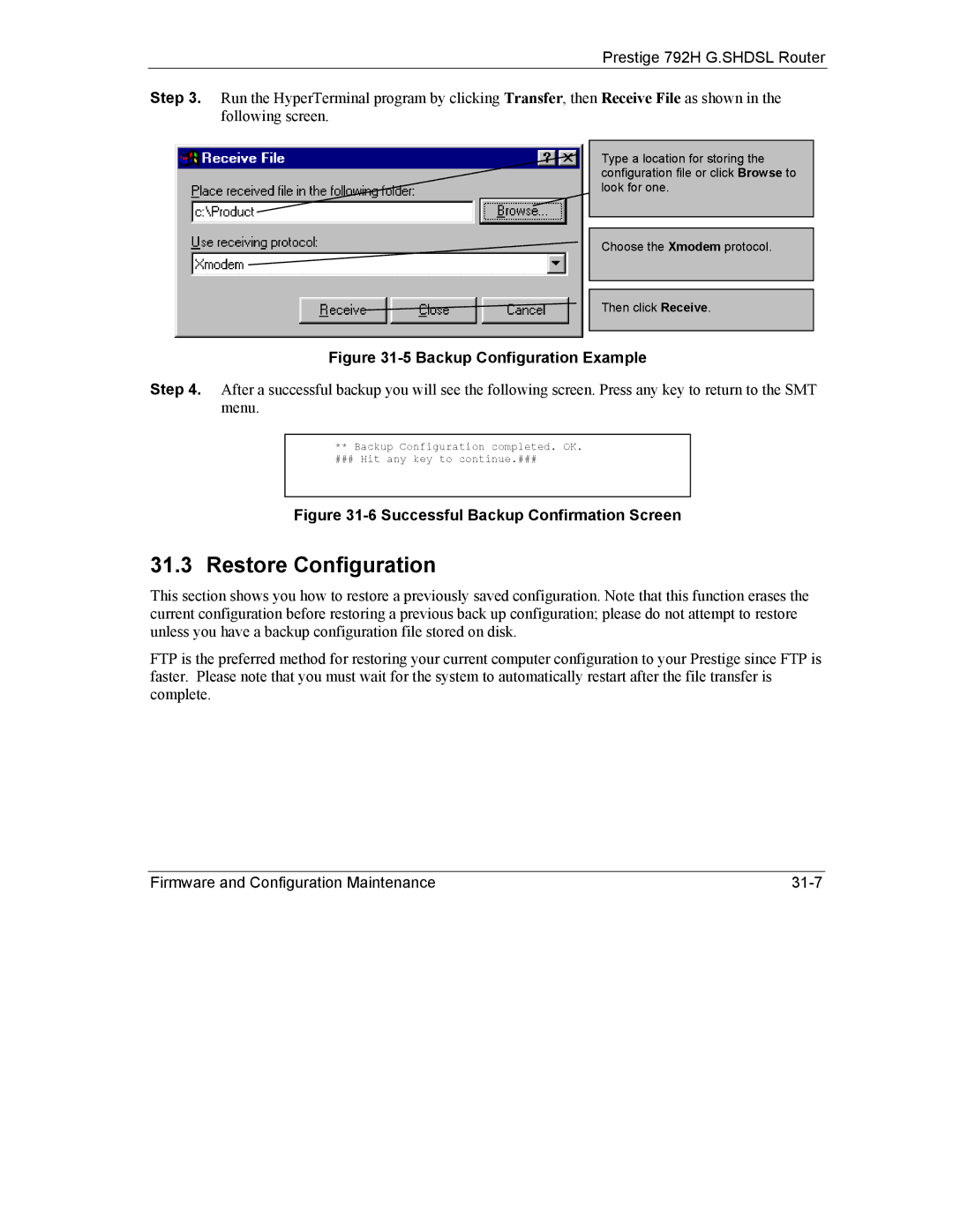 ZyXEL Communications 792H manual Restore Configuration, Backup Configuration Example 