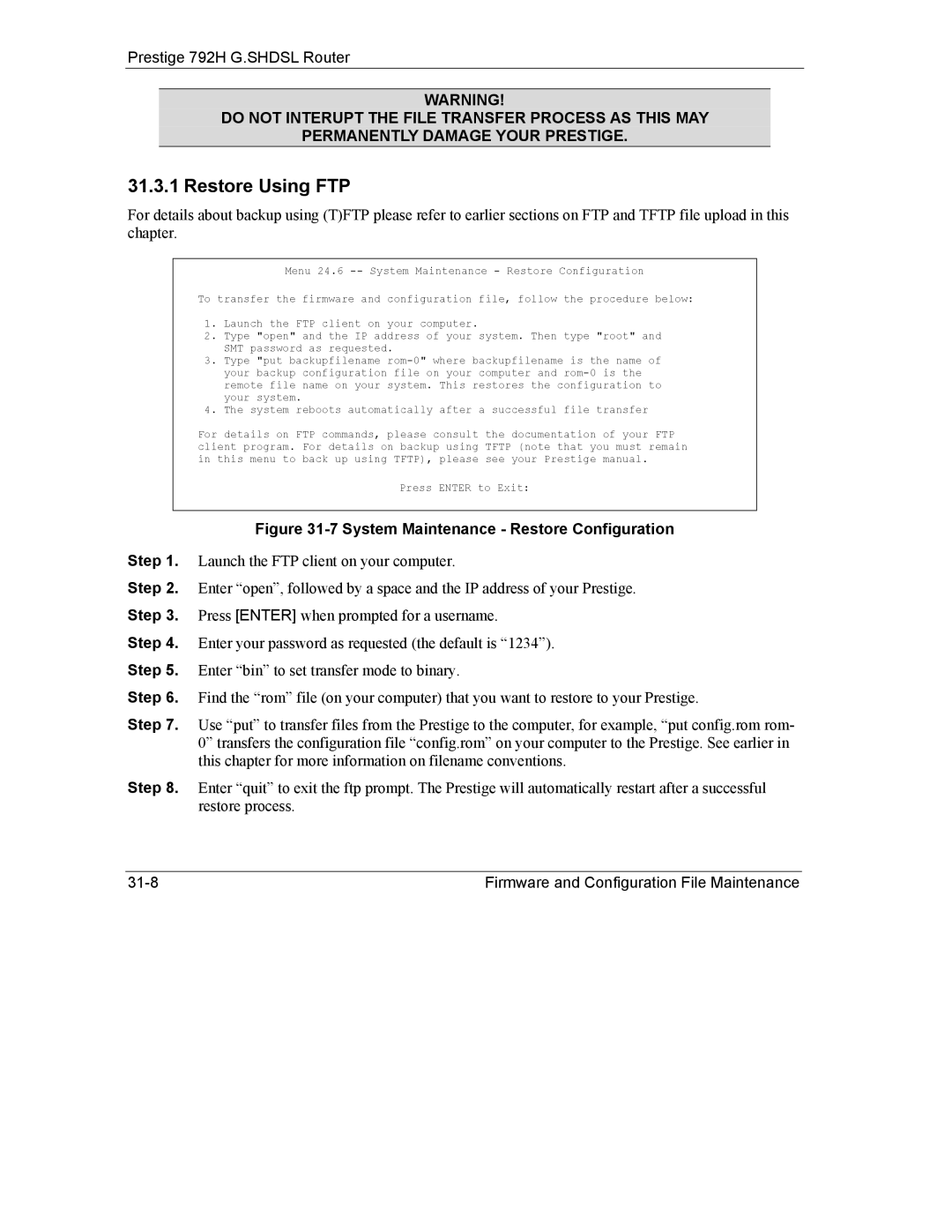 ZyXEL Communications 792H manual Restore Using FTP, System Maintenance Restore Configuration 